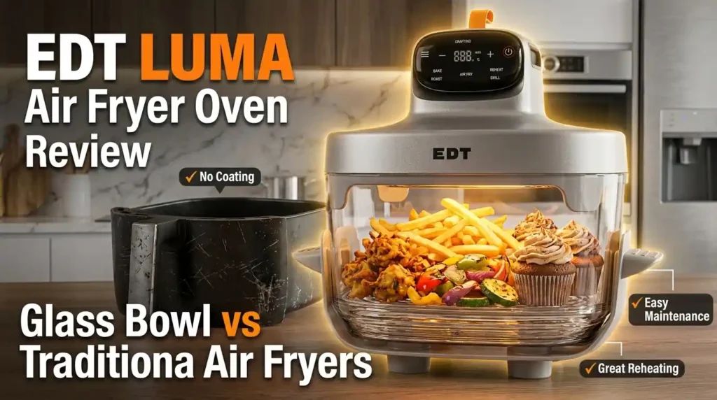 Glass air fryer oven with transparent cooking bowl showing freshly cooked fries and snacks.