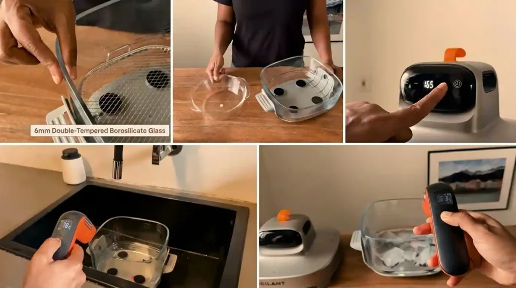 Collage showing durability and temperature testing of a glass air fryer bowl, including borosilicate glass construction, temperature measurements, and appliance controls.