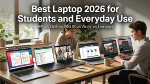 Best Laptop 2026 for Students and Everyday Use comparison featuring HP, Dell, ASUS, Acer, Lenovo, Samsung, and Apple laptops on a modern workspace.