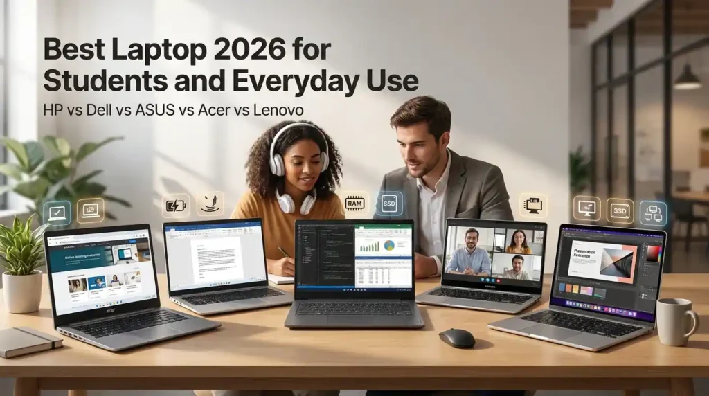 Best Laptops for Student comparing multiple laptops from HP, Dell, ASUS, Acer, Lenovo, Samsung, and Apple while choosing the best laptop in 2026.