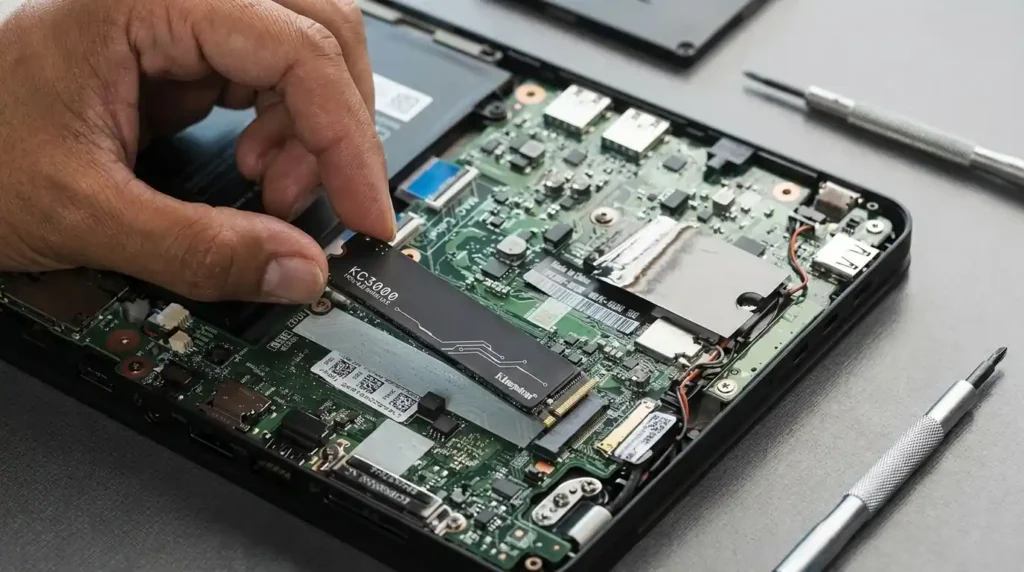 Technician installing an M.2 NVMe SSD inside an open laptop motherboard during a storage upgrade and maintenance process.