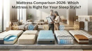 mattress comparison A couple compares different mattress types, including memory foam, latex, grid, pocket spring, and coir designs, in a modern bedroom while reviewing comfort, cooling, support, and durability features.