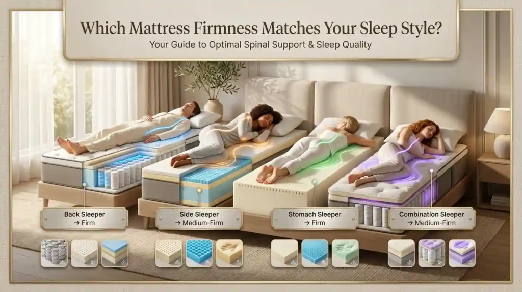 An illustrated mattress firmness guide showing back, side, stomach, and combination sleepers on different mattresses, with recommended firmness levels and spinal support visualization for each sleeping position.
