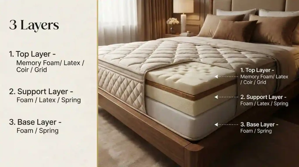 A mattress construction diagram showing the three main mattress layers: comfort layer, support layer, and base layer, with a cutaway view illustrating how different materials work together to provide comfort and support.