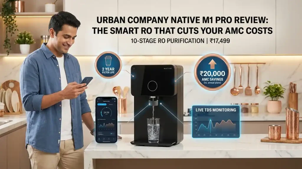 Urban Company Native M1 Pro smart water purifier in a modern kitchen with app connectivity, live TDS monitoring, 2-year filter life, and long-term maintenance savings.
