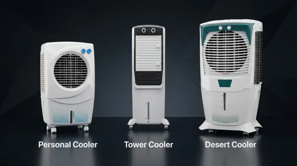 Side-by-side comparison of personal cooler, tower cooler, and desert cooler designs, highlighting the three main types of air coolers used for different room sizes and cooling requirements.