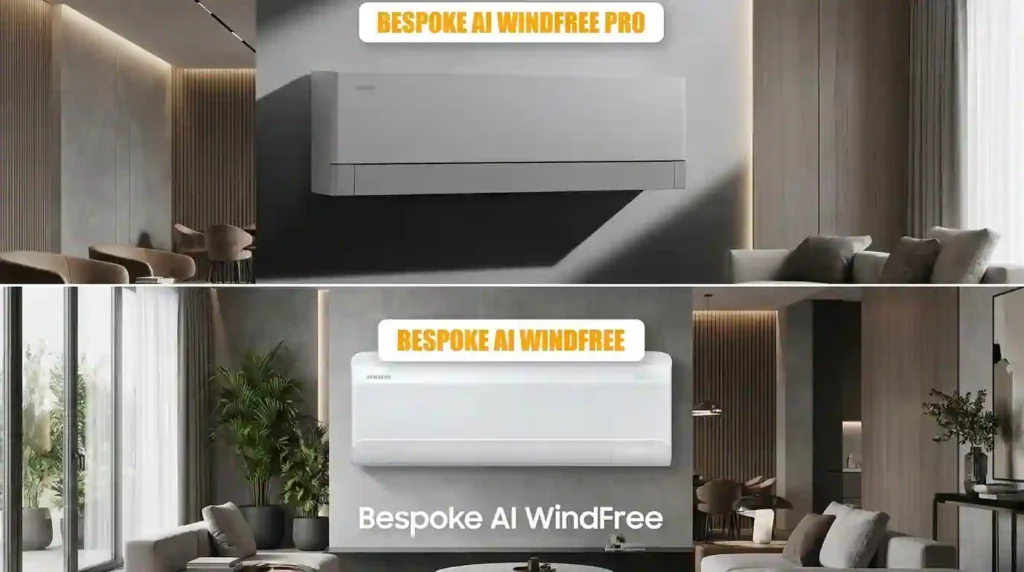 Samsung Bespoke AI WindFree Pro and Samsung Bespoke AI WindFree air conditioners displayed in a side-by-side comparison, highlighting design differences between the premium and standard models.
