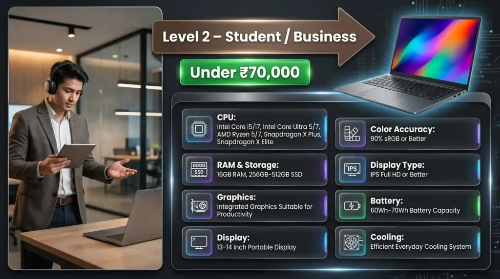 Infographic showing recommended laptop specifications for students, remote workers, and business professionals with details on processor, RAM, storage, display, battery, and portability requirements under ₹70,000.