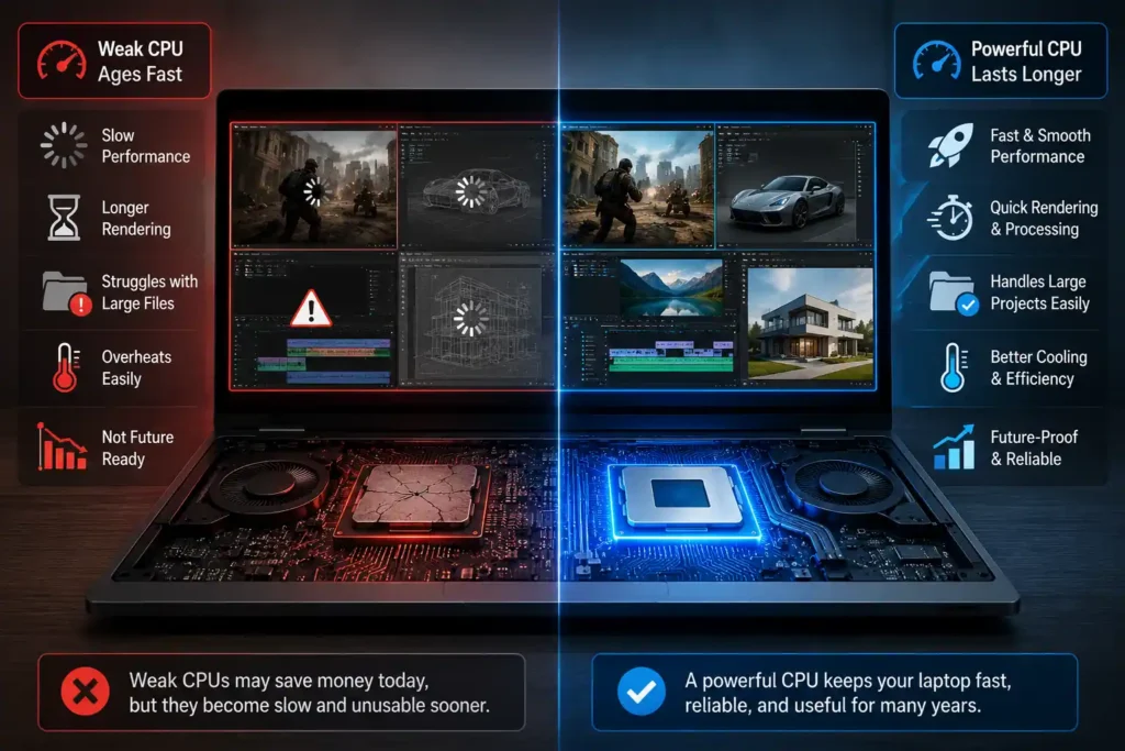 Side-by-side comparison of a weak CPU and a powerful CPU in a laptop, showing differences in gaming, rendering, large project handling, cooling efficiency, and long-term performance.