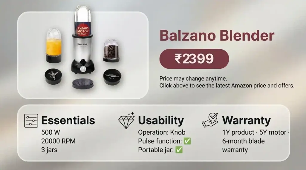 Balzano 500W bullet mixer grinder with three jars, pulse function, portable jar and five-year motor warranty.