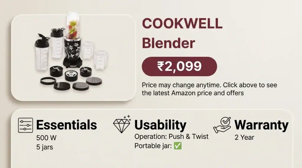 Cookwell 500W nutri blender with five jars, portable jar and push-and-twist operation.