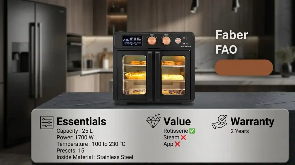 Faber FAO 25L air fryer oven with French doors, rotisserie, 1700W power, 15 presets, and a two-year warranty.