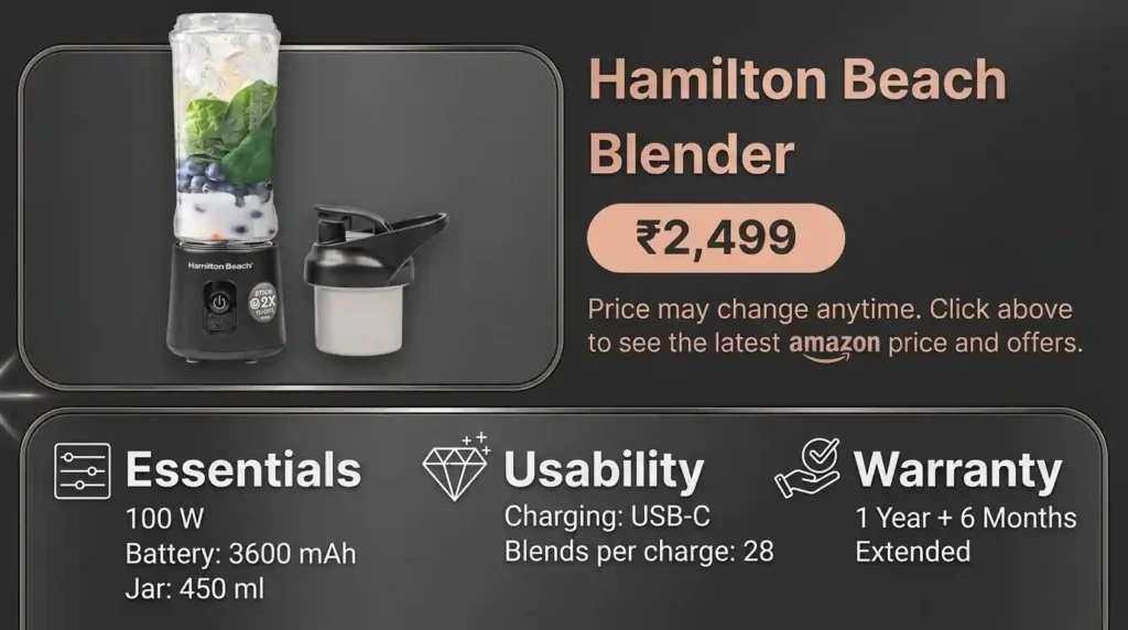 Hamilton Beach portable smoothie blender with a 450 ml jar, USB-C charging and travel lid.