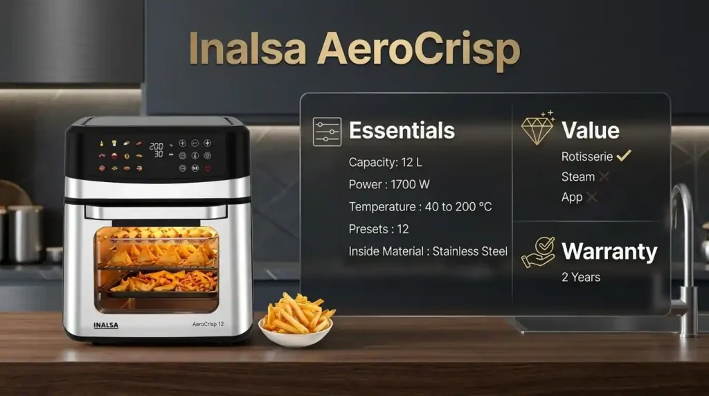 Inalsa AeroCrisp 12L air fryer oven with rotisserie, 1700W power, stainless-steel interior, 12 presets, and two-year warranty.