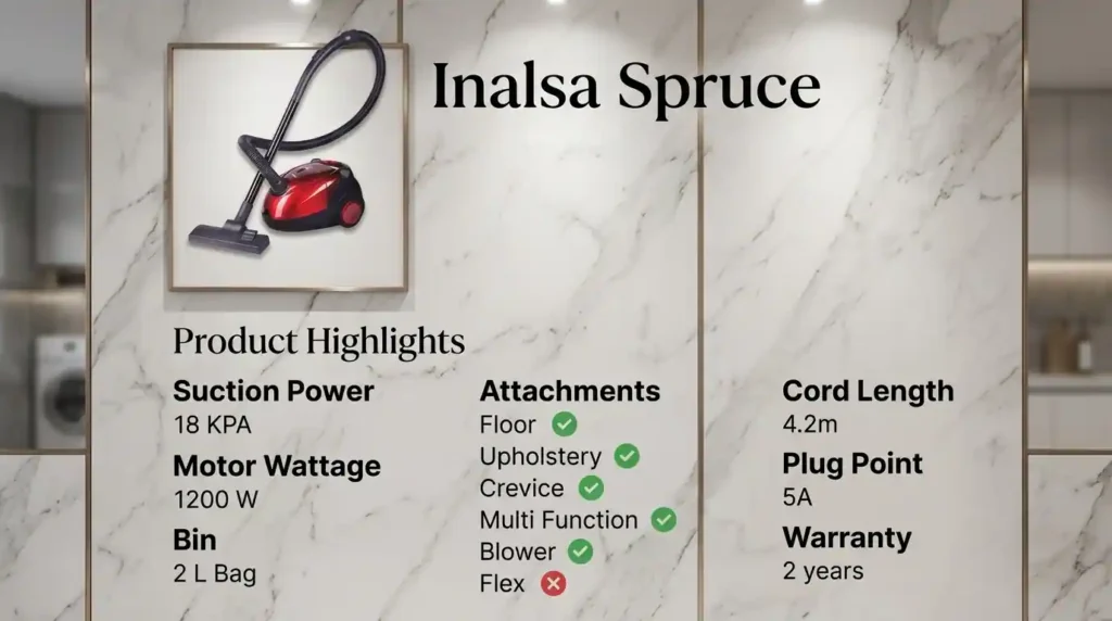 Inalsa Spruce corded vacuum cleaner specifications showing 18 kPa suction, 1200 W motor, 2-litre dust bag, blower function, 4.2-metre cord, 5A plug, and two-year warranty.
