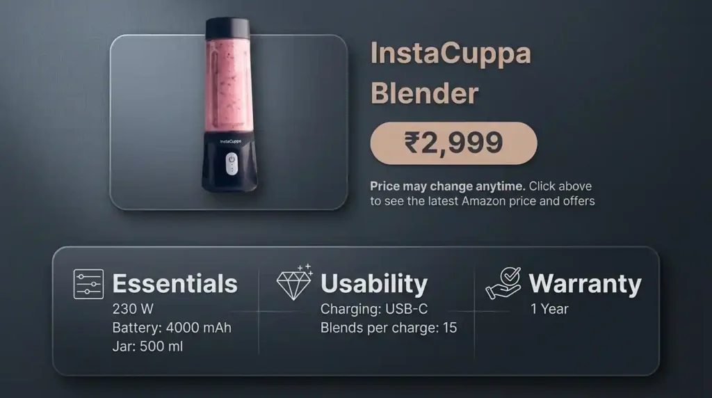 InstaCuppa portable nutri blender with a 500 ml jar, 4000 mAh battery and USB-C charging.