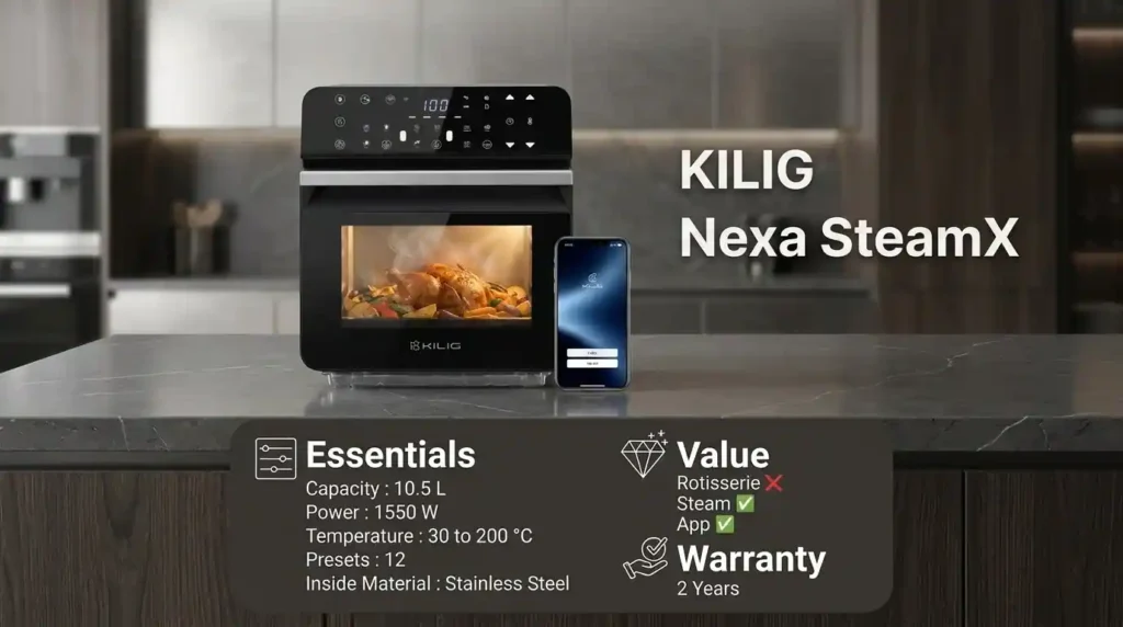 KILIG Nexa SteamX 10.5L steam air fryer oven with app control, stainless-steel interior, 1550W power, and two-year warranty.