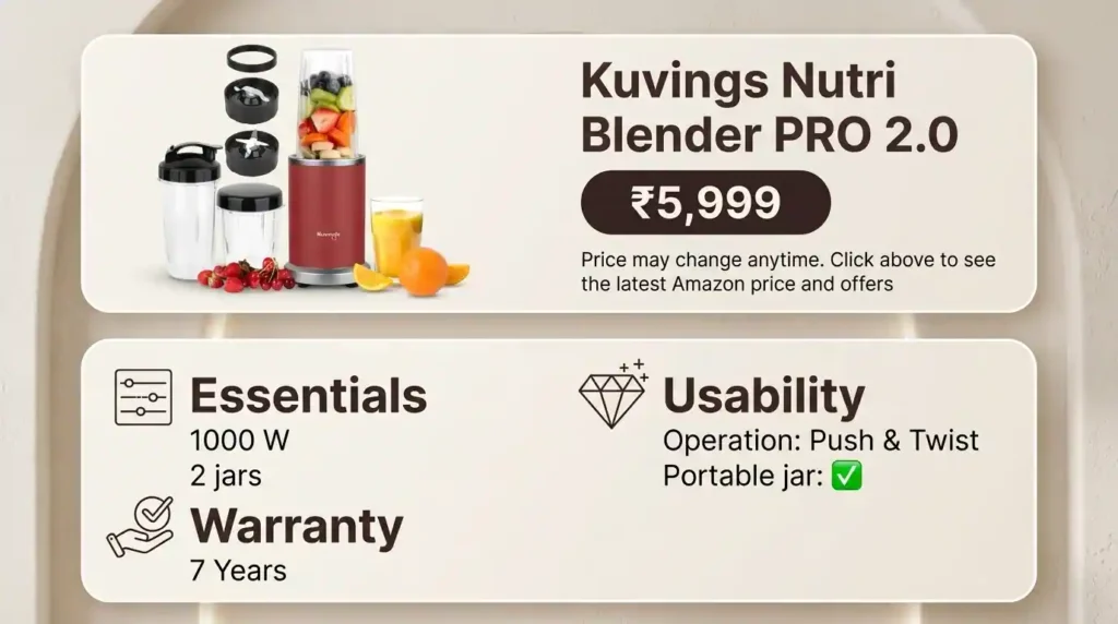 Kuvings Nutri Blender PRO 2.0 with 1000W motor, two jars, portable jar and seven-year motor warranty.