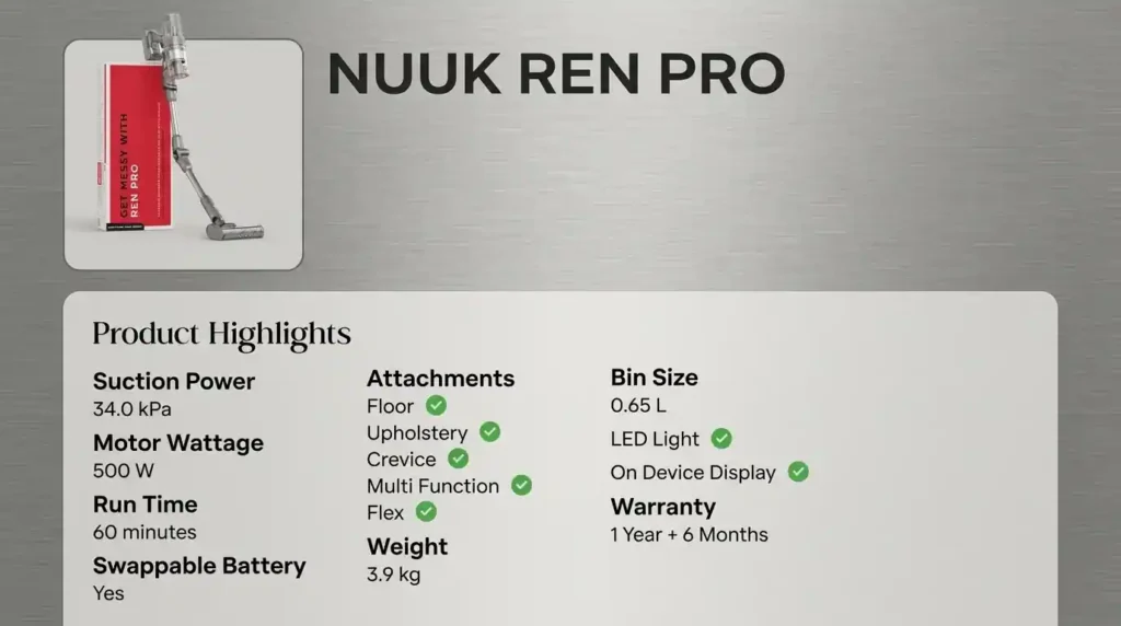 NUUK REN PRO cordless vacuum cleaner specifications showing 34 kPa suction, 500 W motor, 60-minute runtime, swappable battery, flex wand, LED light, and on-device display.