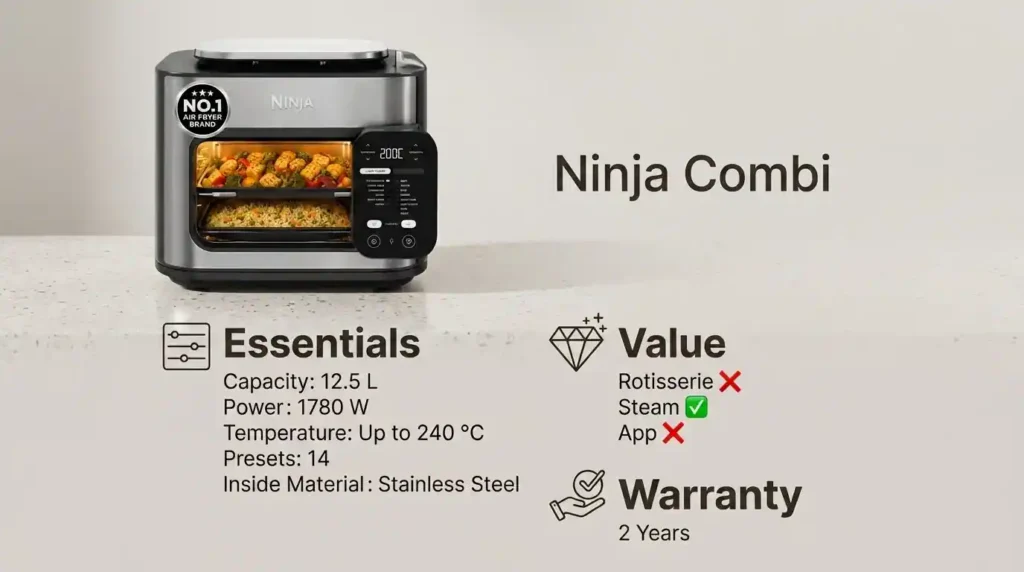 Ninja Combi 14-in-1 steam air fryer oven with 12.5L capacity, 1780W power, 14 presets, and a two-year warranty.