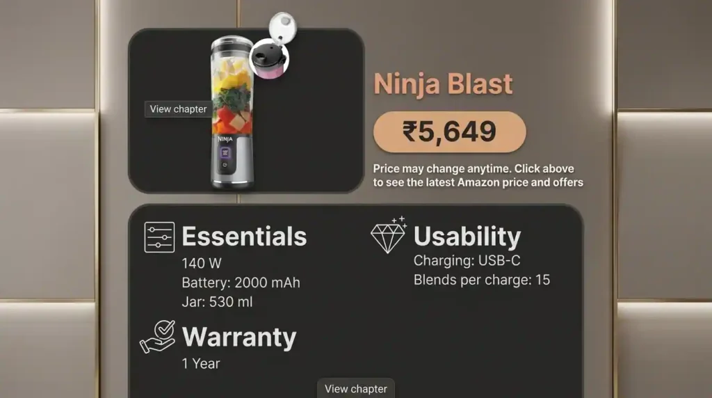 Ninja Blast portable nutri blender with a 530 ml jar, USB-C charging and 15 blends per charge.