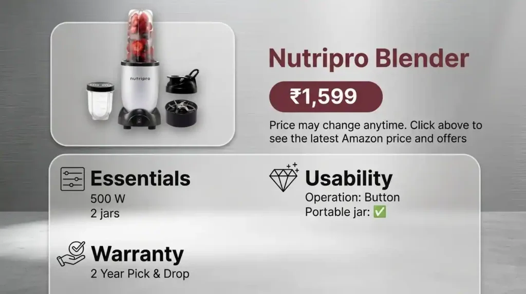 NutriPro 500W blender mixer grinder with two jars, portable jar and button operation.