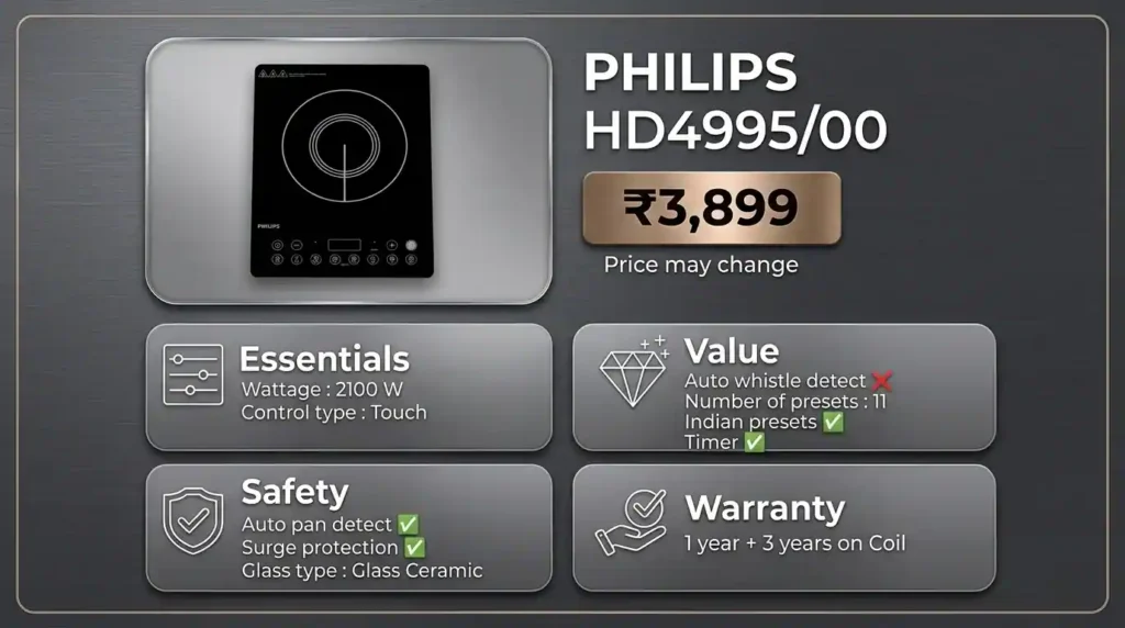 Philips HD4995/00 2100W induction cooktop with touch controls, 11 presets, timer, pan detection and surge protection.