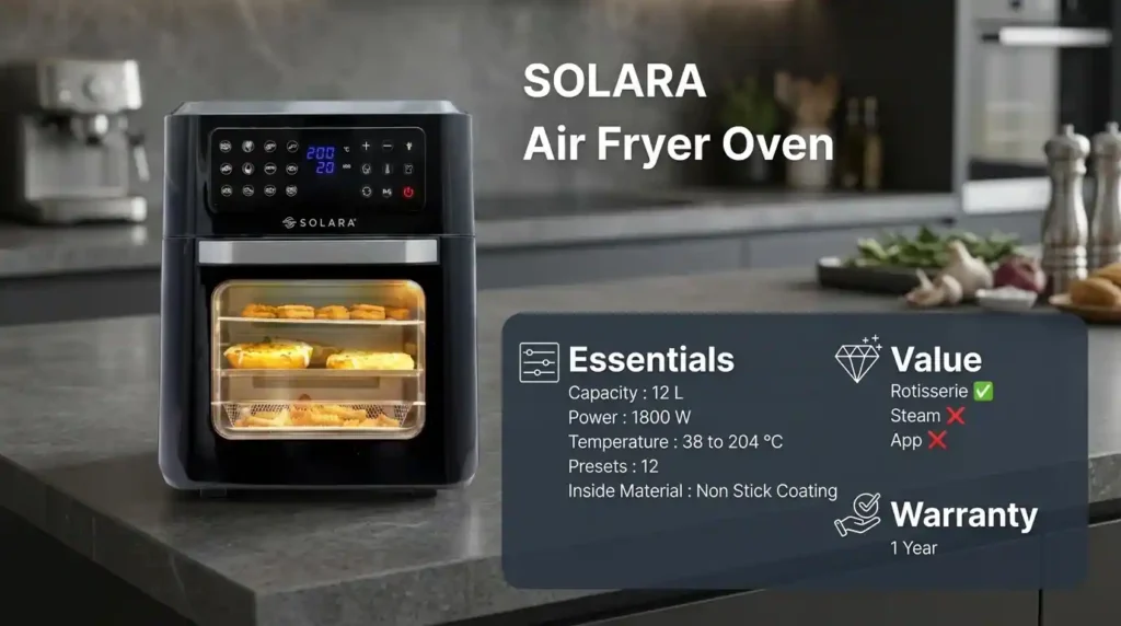 Solara 12L air fryer oven with rotisserie, 1800W power, 12 presets, and a one-year warranty.