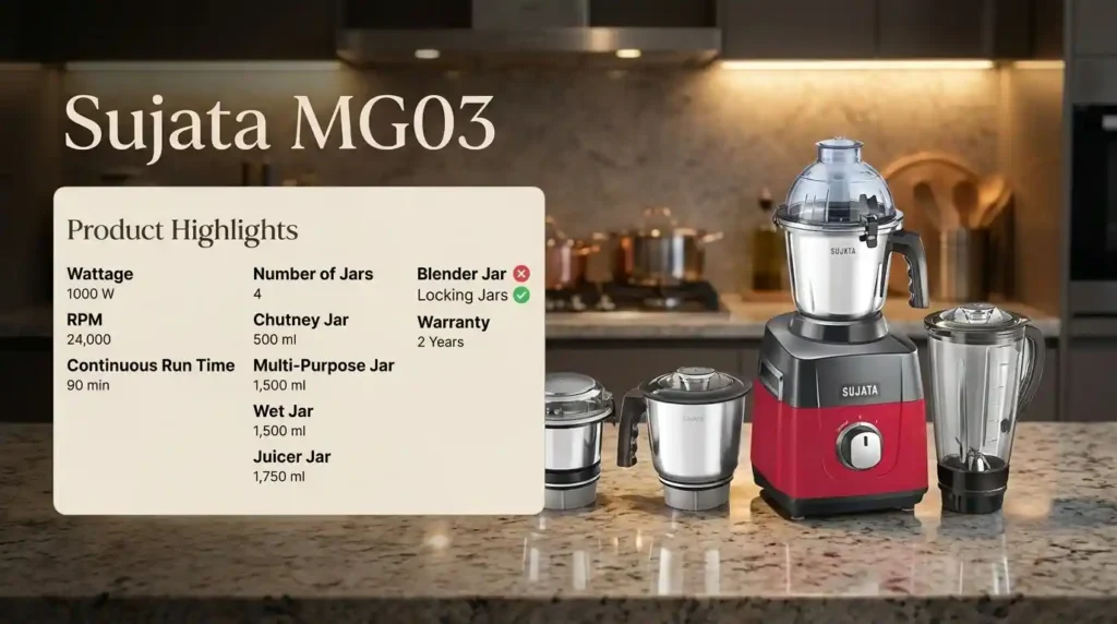 Sujata MG03 mixer grinder with four jars, a 1000W motor, 24,000 RPM, 90-minute continuous run time, locking jars, and a 2-year warranty.