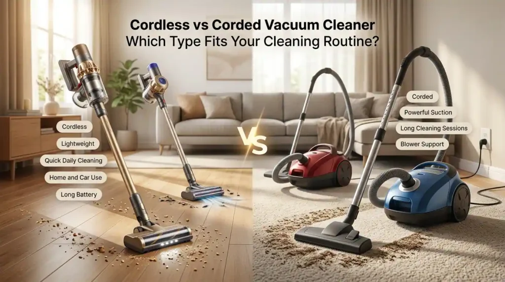 Cordless vs corded vacuum cleaner comparison showing lightweight cordless models cleaning a hard floor and powerful corded vacuums deep cleaning a carpet.