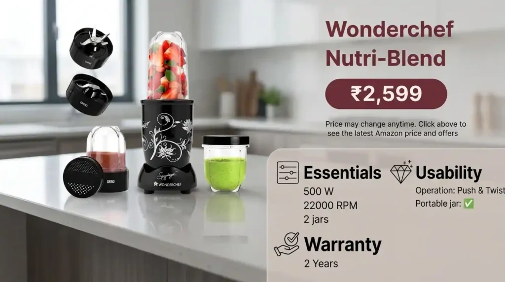 Wonderchef Nutri-Blend 500W blender with two jars, push-and-twist operation and portable blending jar.