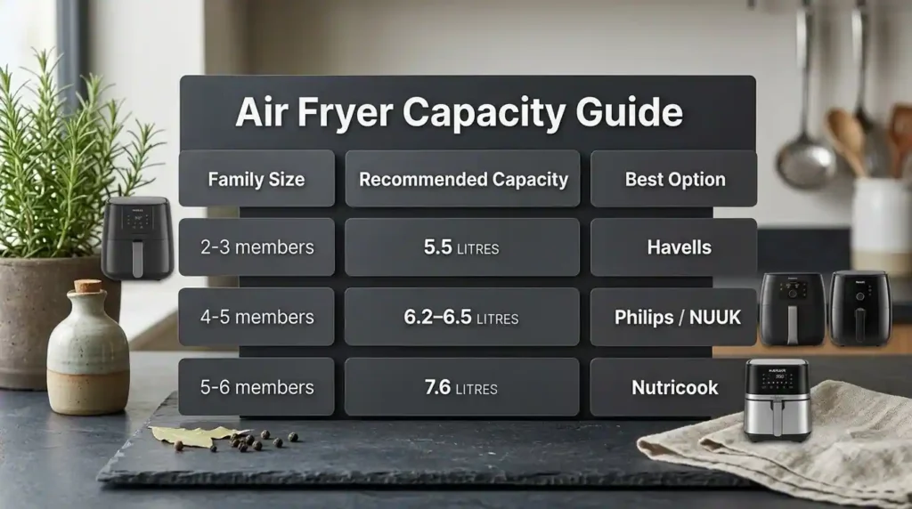 Air fryer capacity guide showing 5.5 litres for 2–3 members, 6.2–6.5 litres for 4–5 members and 7.6 litres for 5–6 members.