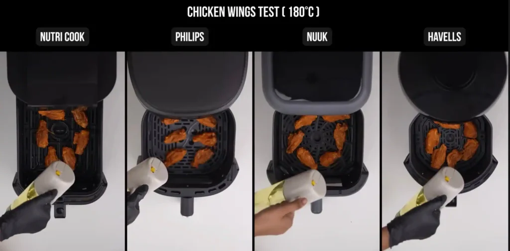 Chicken wings test comparing Nutricook, Philips, NUUK and Havells air fryers at 180°C.