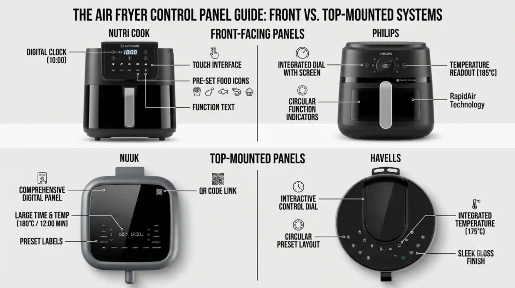 Comparison of front-facing and top-mounted air fryer control panels on Nutricook, Philips, NUUK and Havells models.