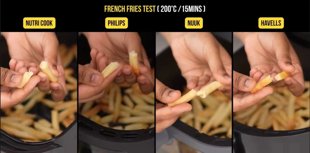 French fries test comparing Nutricook, Philips, NUUK and Havells air fryers at 200°C for 15 minutes.