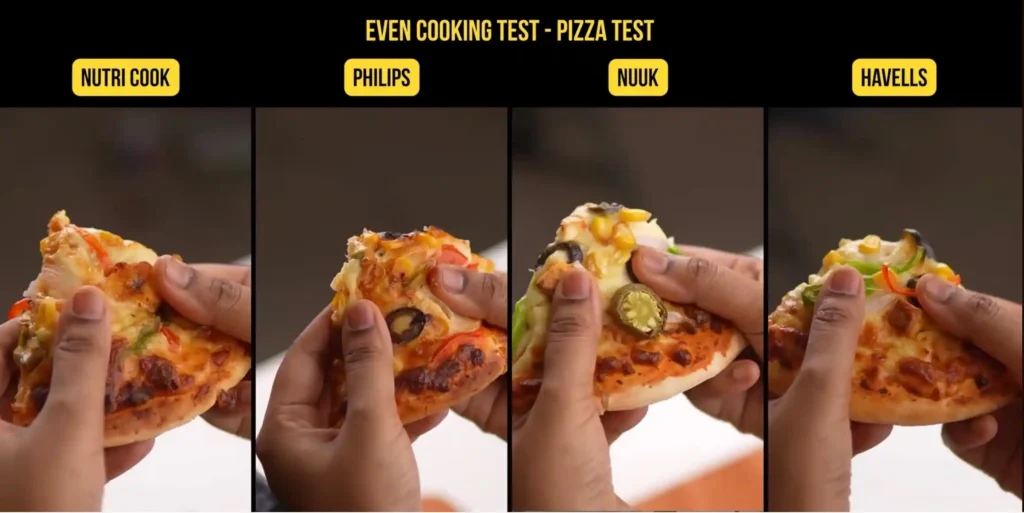 Pizza cooking test comparing Nutricook, Philips, NUUK and Havells air fryers for browning and even cooking.