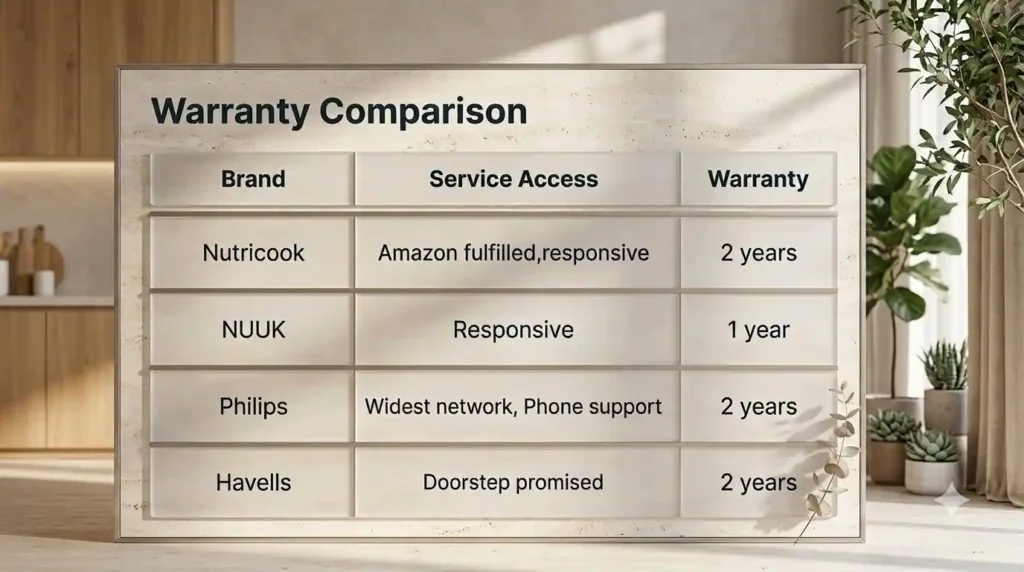 Warranty and service comparison of Nutricook, NUUK, Philips and Havells air fryers, including one- and two-year warranty coverage.