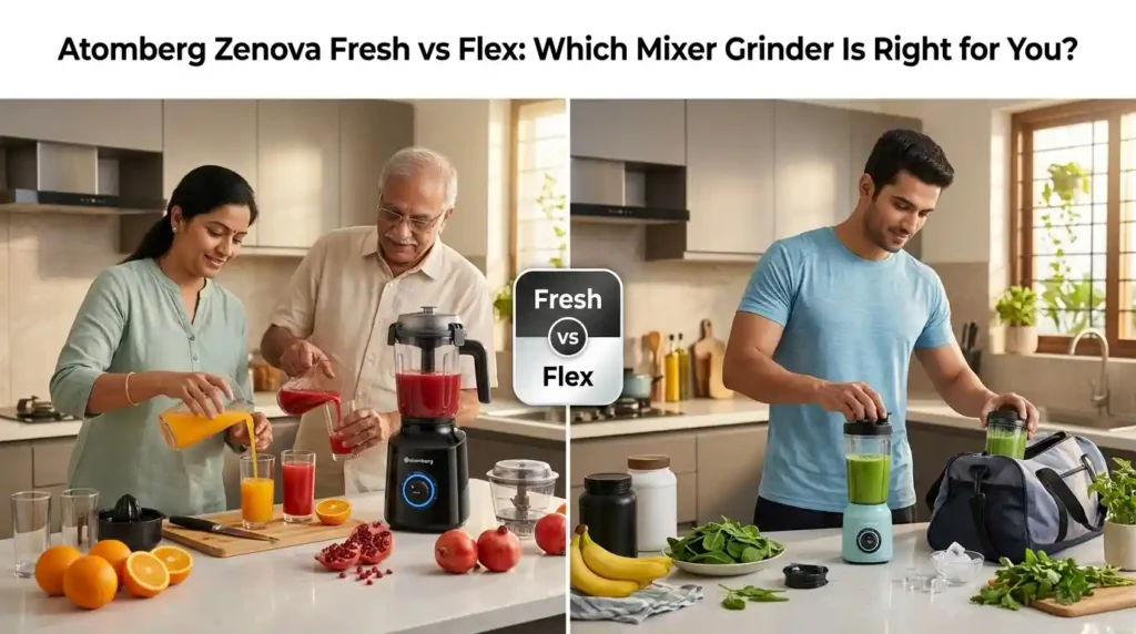 Family using Atomberg Zenova Fresh for fresh juice while a professional uses Atomberg Zenova Flex for a portable smoothie in a modern kitchen.