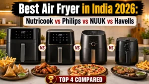 Best air fryer in India 2026 comparison featuring Nutricook, Philips, NUUK and Havells air fryers with fries, samosas, pizza and chicken.