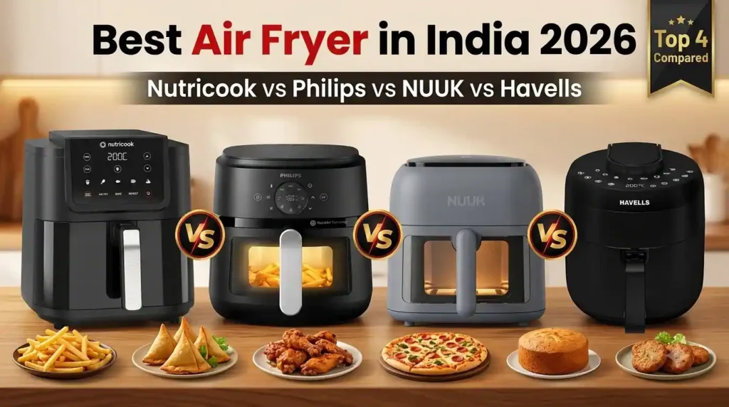 Best air fryer in India 2026 comparison featuring Nutricook, Philips, NUUK and Havells with fries, samosas, chicken, pizza, cake and tikkis.