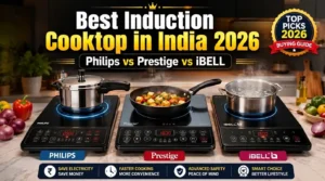 Best induction cooktop in India 2026 comparison featuring Philips, Prestige and iBELL models with pressure cooking, frying and boiling demonstrations.