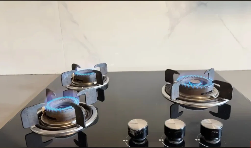 Beyond Appliances Quantum Gas Stove with all three burners producing stable blue flames.