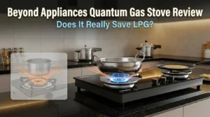 Beyond Appliances Quantum Gas Stove with three brass burners and blue flames showing focused heat for improved LPG efficiency.