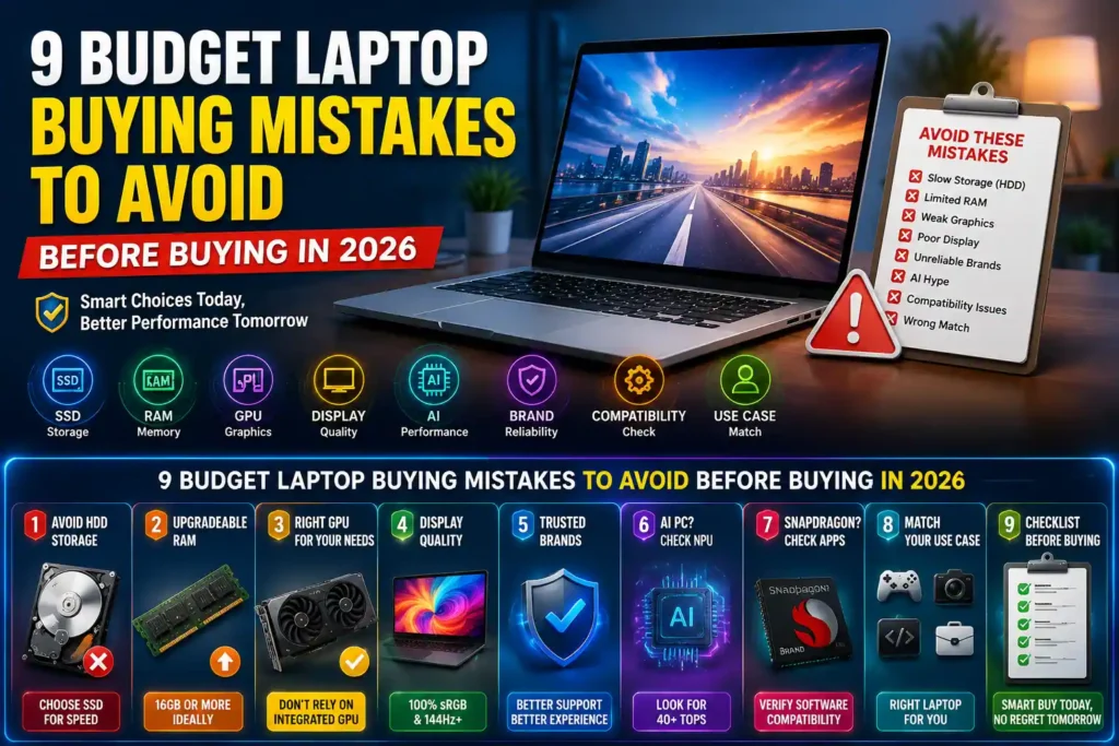 Illustration showing the Budget Laptop Buying Guide 2026 with nine common buying mistakes to avoid, including HDD storage, limited RAM, integrated graphics, display quality, AI PC features, and software compatibility.