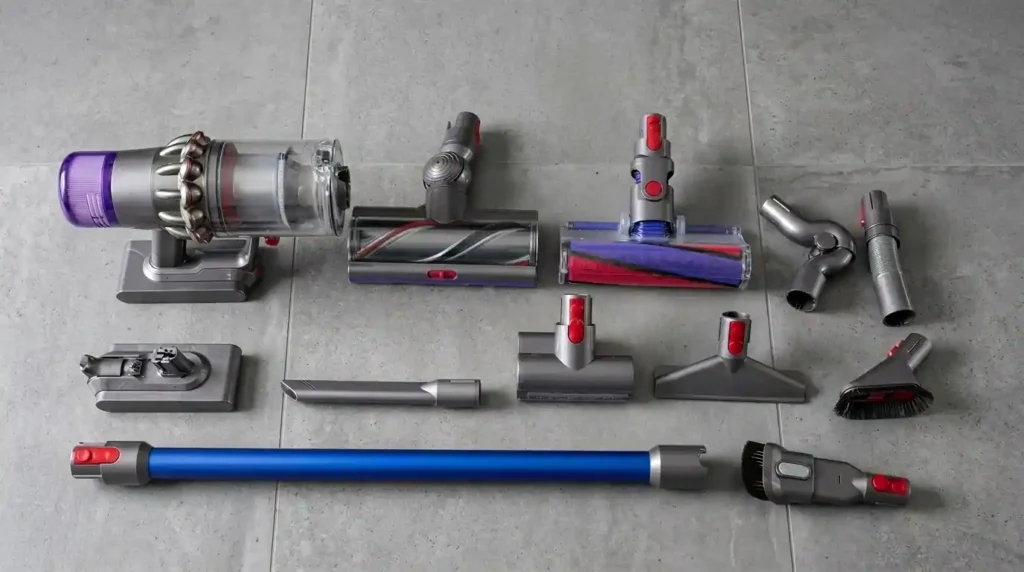 Cordless vacuum cleaner with multiple attachments, including motorized floor rollers, upholstery tools, crevice nozzles, dusting brushes, extension wand, and charging accessories.