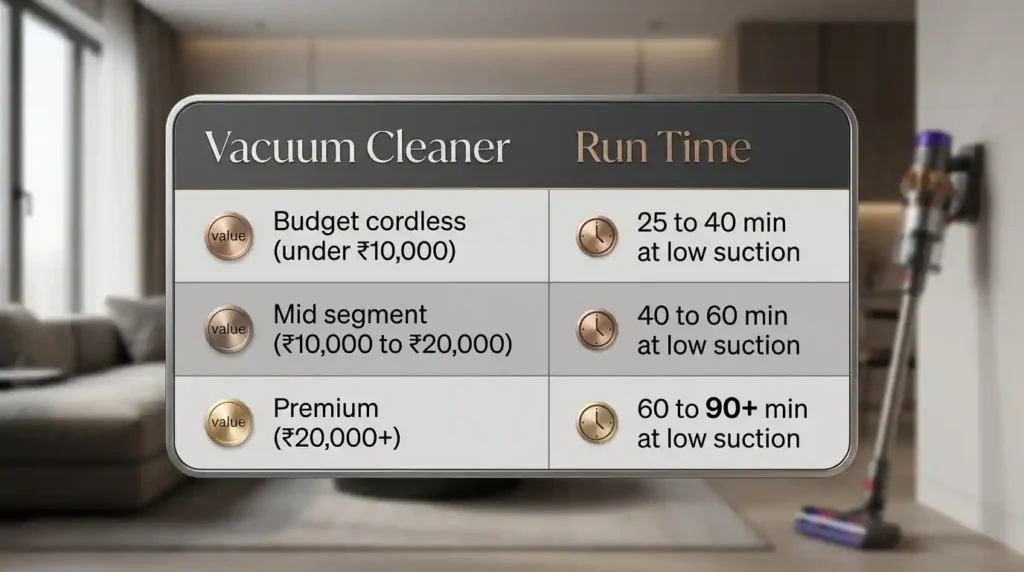 Cordless vacuum cleaner runtime comparison showing 25 to 40 minutes for budget models, 40 to 60 minutes for mid-range models, and up to 90 minutes for premium vacuums at low suction.
