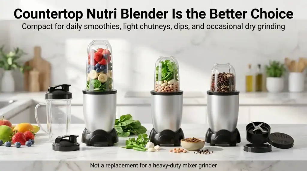 Three countertop nutri blenders for smoothies, light chutneys, dips and occasional dry grinding.