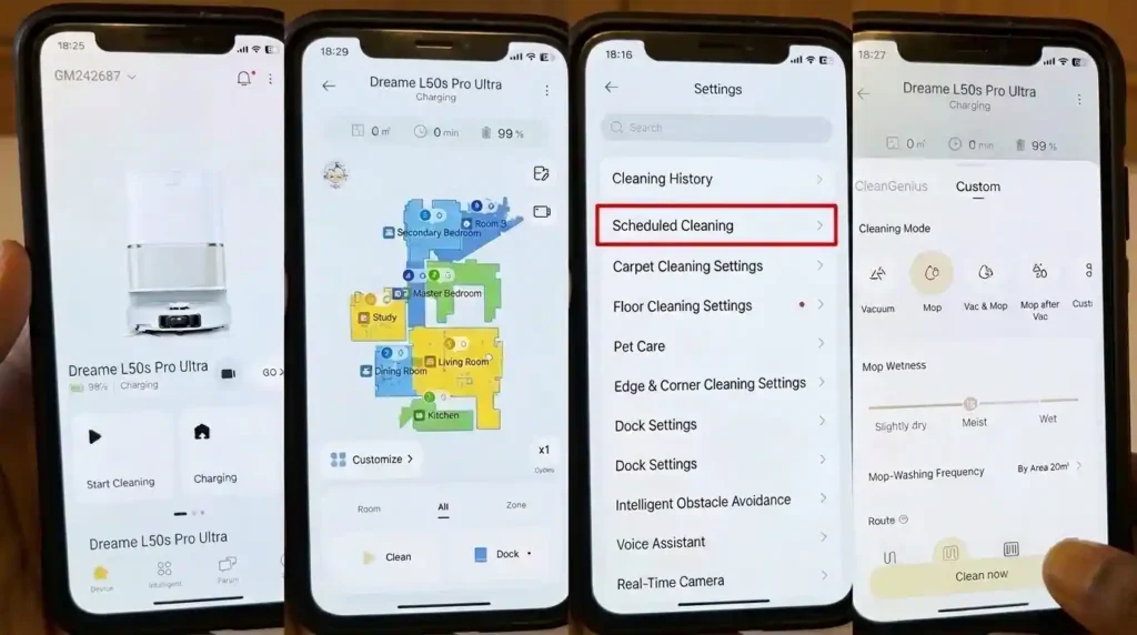 Dreame L50s Pro Ultra Robot Vacuum Cleaner app showing home mapping, scheduled cleaning, custom cleaning modes, and device controls.