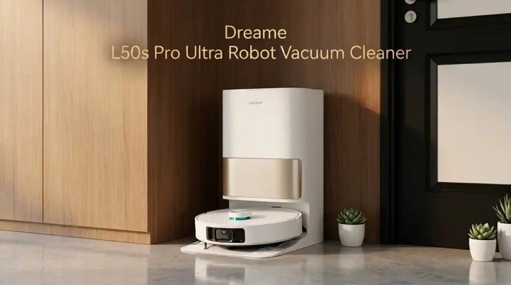 Dreame L50s Pro Ultra Robot Vacuum Cleaner docked at its self-cleaning station in a modern home interior.