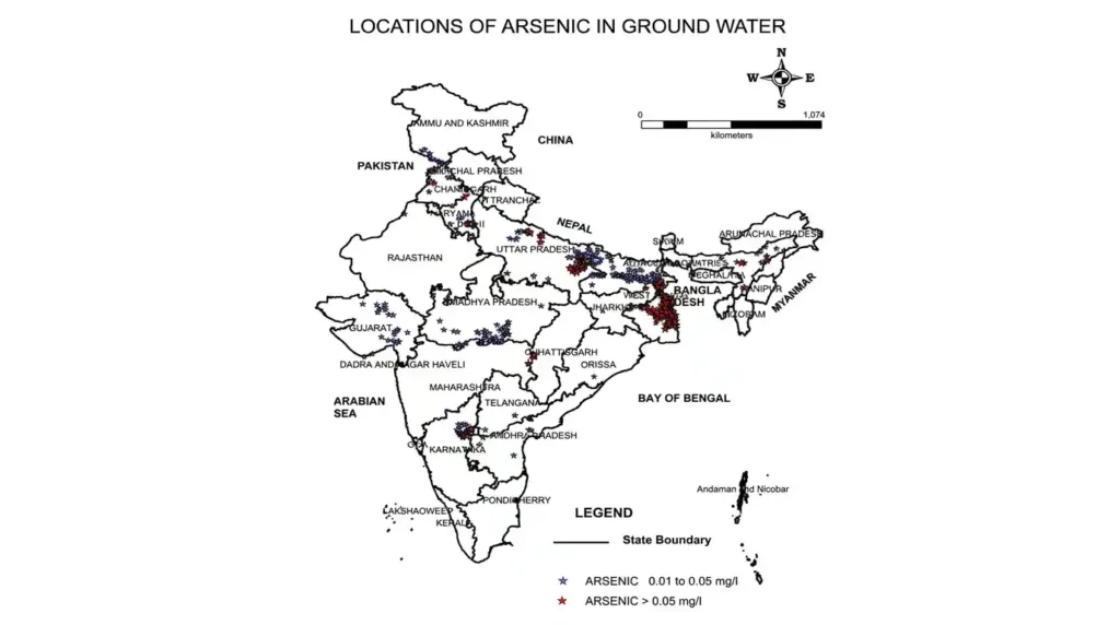 Map of India showing the distribution of groundwater arsenic contamination across different states, with markers indicating varying concentration levels.
